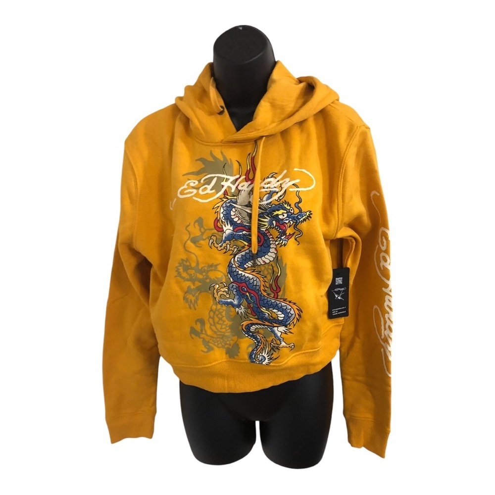 Ed Hardy Mustard Yellow Dragon Graphic Hoodie. It’s a little cropped.